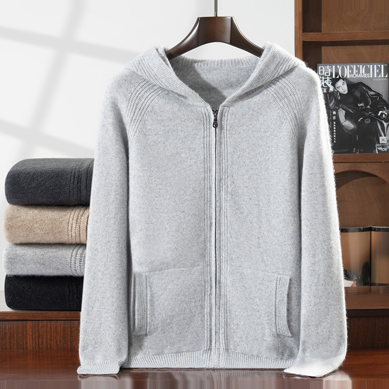 Winter Clothes Shop - Men's 100% Cashmere Hooded Zipper Cardigan