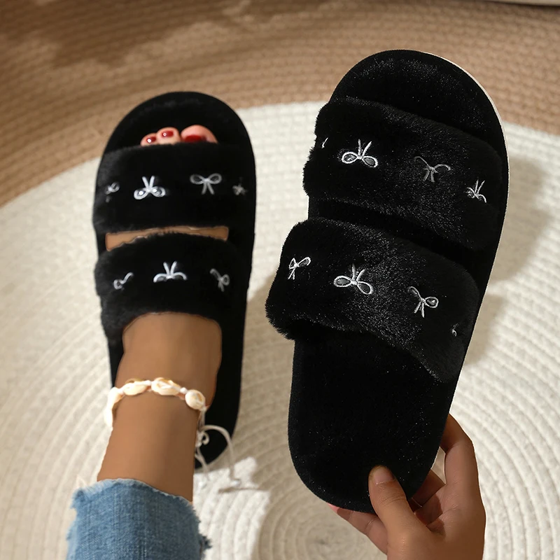 Winter Clothing Korea - Fashion Bow Embroidery Fluffy Slippers Women