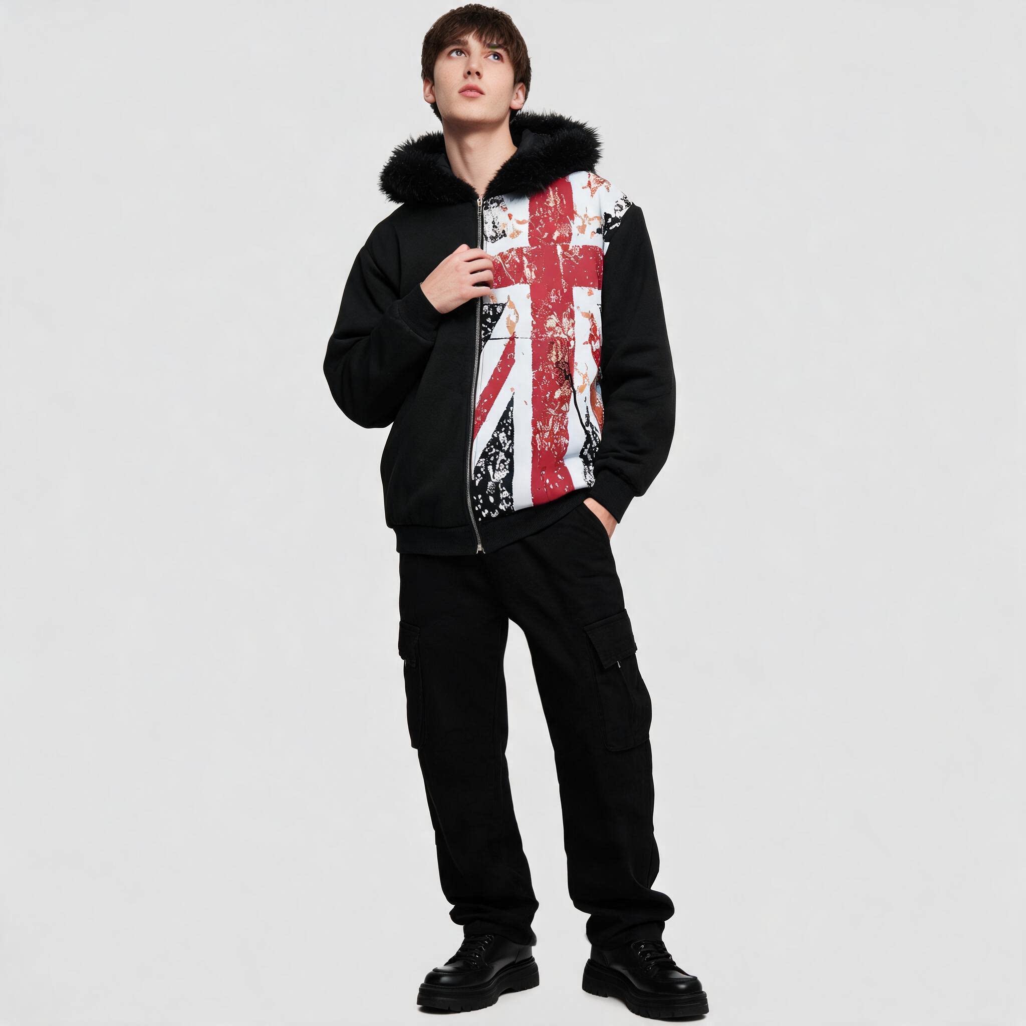 Vintage UK Flag Print Zip Hood - Winter Clothing Uk recension och pris